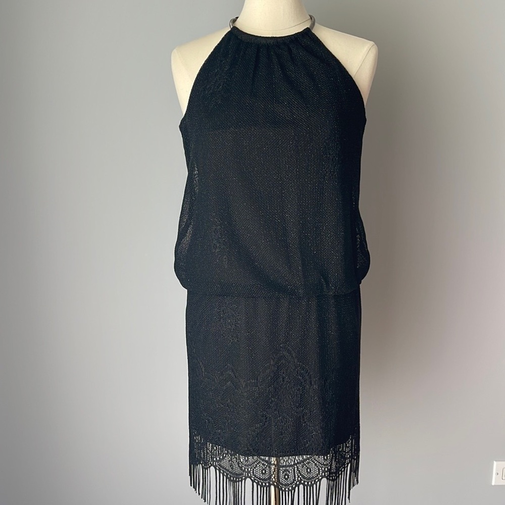 SLNY Black Blouson Halter Crochet Fringe Hem Short Dress
Size 8 - Picture 9 of 11